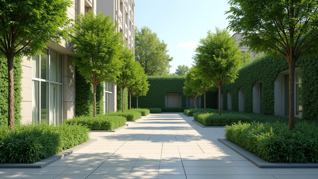 Jardin en ville avec une végétation épaisse, murs végétalisés et arbres feuillus, offrant une ombre rafraîchissante