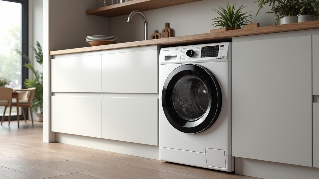 Lave-linge encastrable intégré dans une cuisine équipée, avec un design moderne et discret