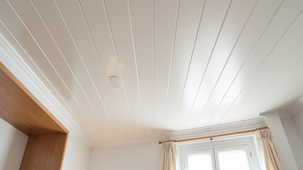 Plafond de chambre rénové avec lambris PVC imitation bois