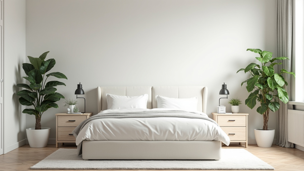 Rideau en lin lavé dans une chambre moderne avec lit blanc et plantes