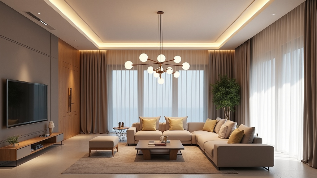 Salon avec une hauteur sous plafond de 2,80 mètres, meubles élancés, luminaires suspendus