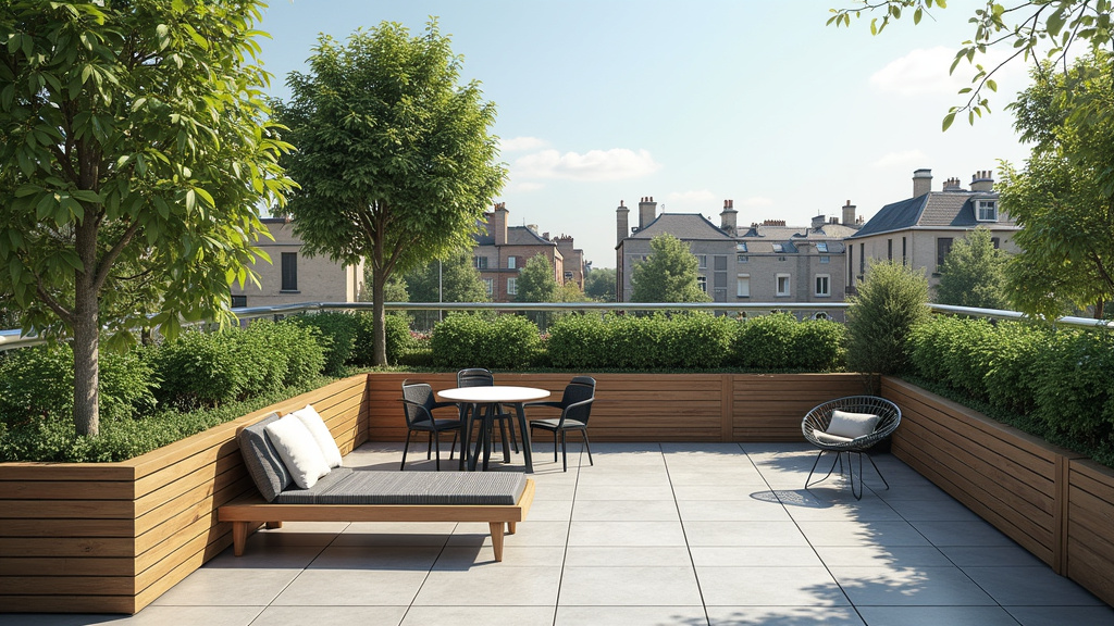 Terrasse surélevée dans un petit jardin urbain, avec bacs à plantes et banc intégré