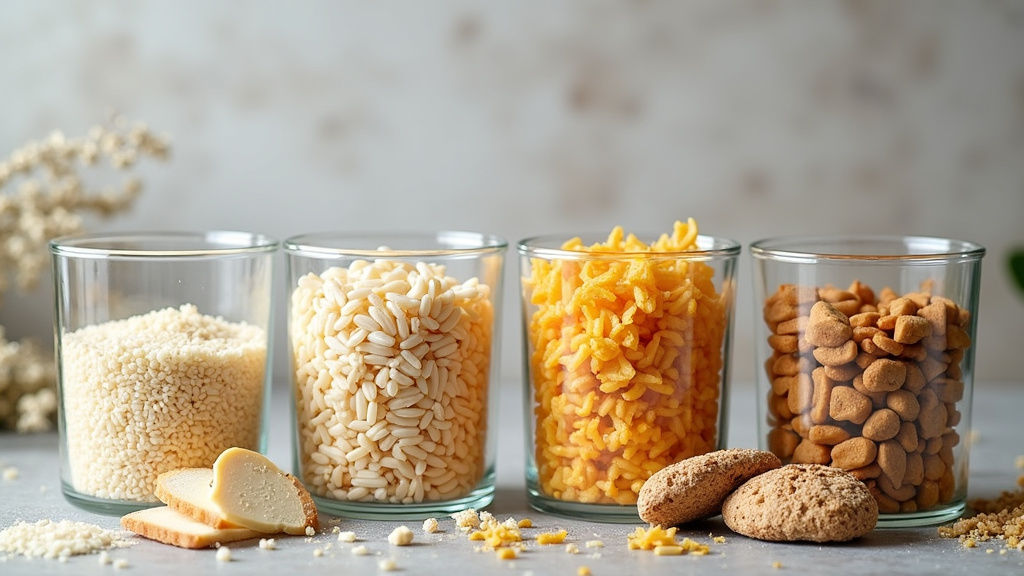 Bocaux hermétiques en verre contenant riz, farine, pâtes, céréales, alignés sur une étagère