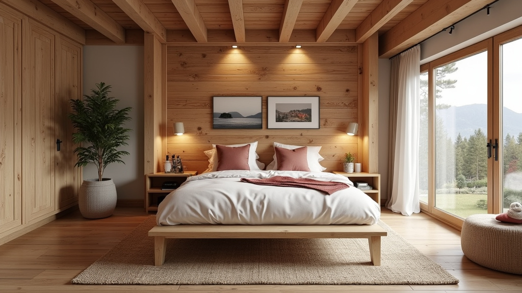 Chambre de style chalet, avec couchage en bois, coussins multicolores, tapis en laine, et rideaux en lin