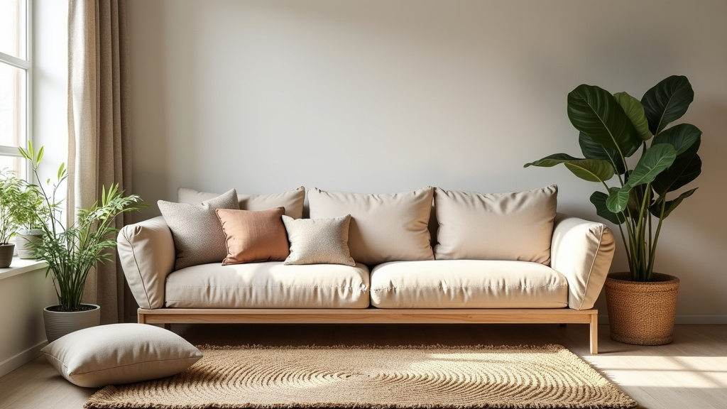 Salon cocooning aux tons terreux avec canapé beige, coussins en laine, tapis en rotin et plantes vertes