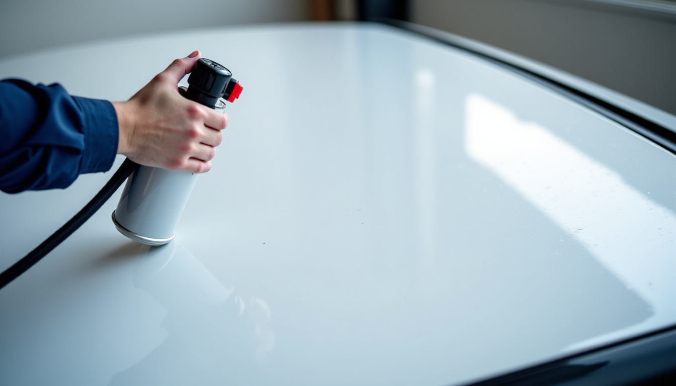 Application de colle néoprène en spray sur un panneau de ciel de toit de voiture