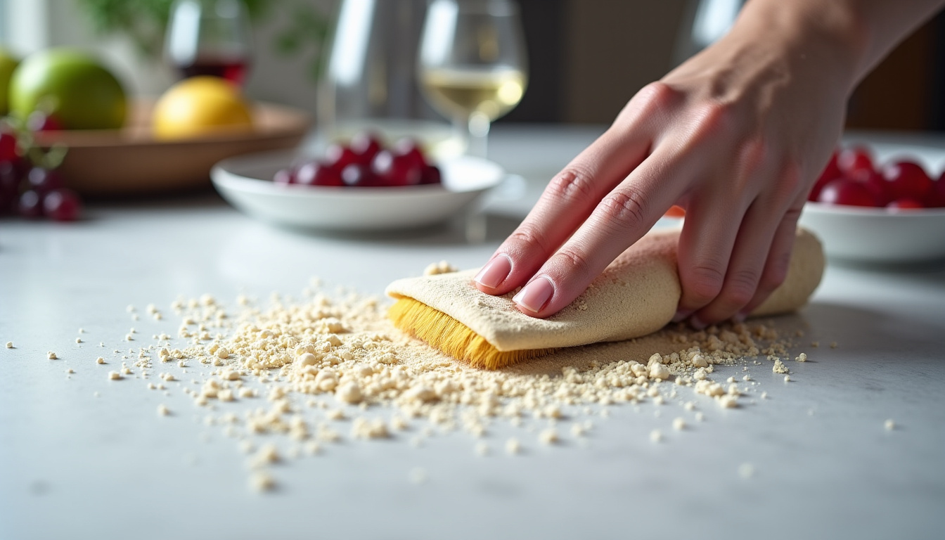 Application de poudre absorbante sur une tache de vin sur un tapis, suivi d’un brossage léger