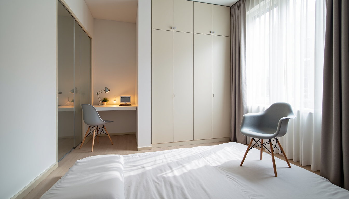 Chambre aménagée sous les toits avec poutres apparentes et mobilier sur mesure