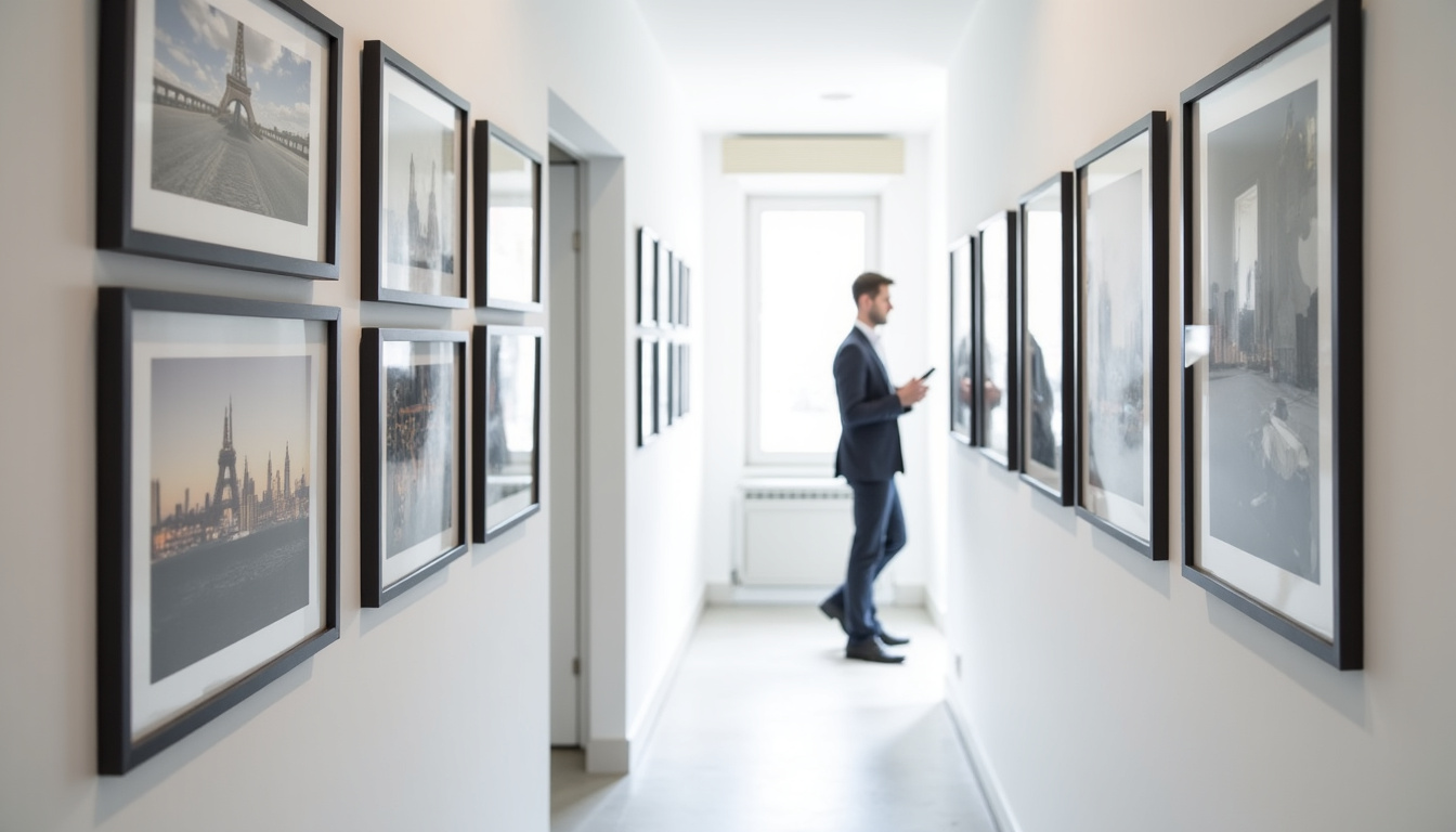 Couloir avec galerie de photos encadrées créant une décoration murale personnalisée