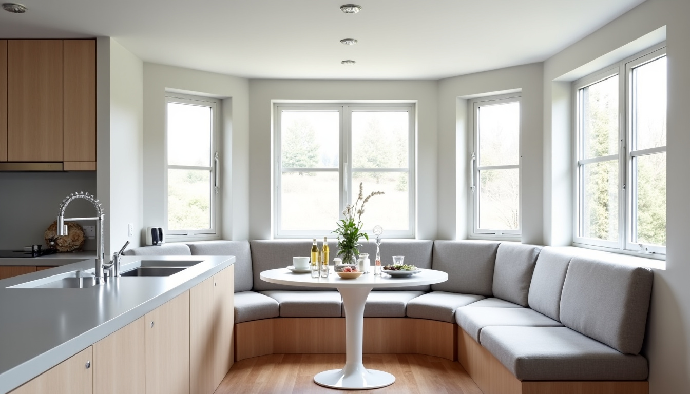 Cuisine moderne avec un bow window transformé en espace repas avec banquette intégrée
