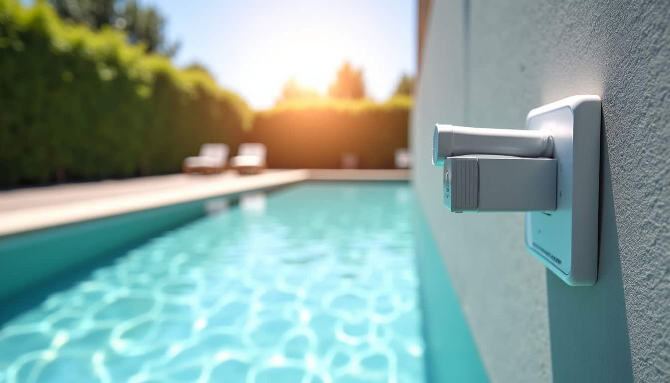 Différents modèles de douches solaires installées dans un jardin avec piscine