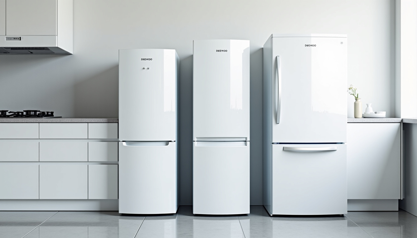 Différents modèles de réfrigérateurs Daewoo alignés dans une cuisine moderne