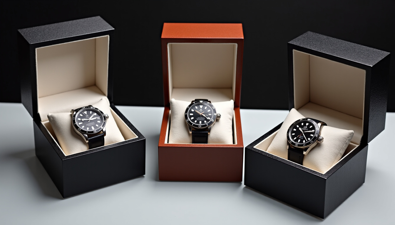Différents types de boîtes à montres: coffret classique, vitrine, boîte de voyage et remontoir