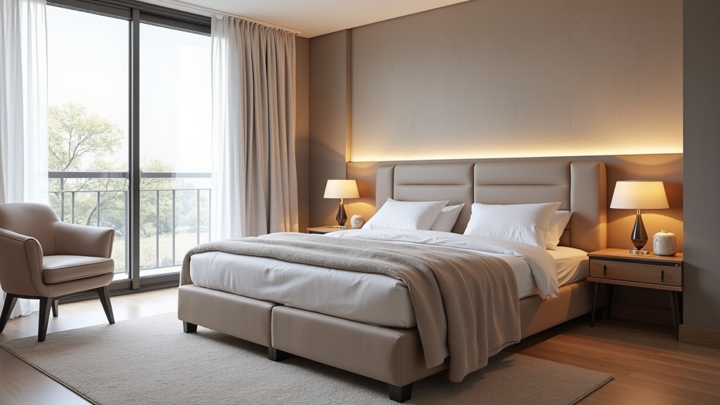 Double rideau Centrakor dans une chambre à coucher, avec voilage léger et rideau en velours foncé