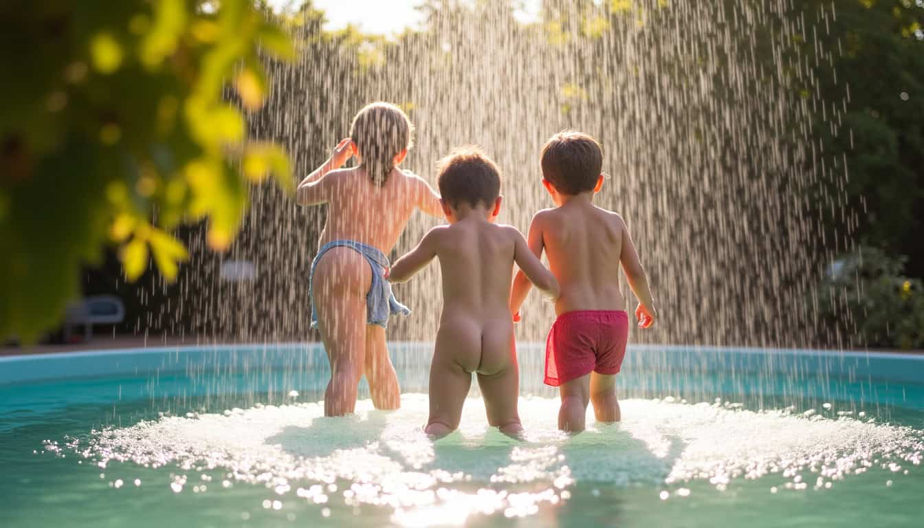 Famille utilisant une douche solaire dans un jardin, enfants en train de s
