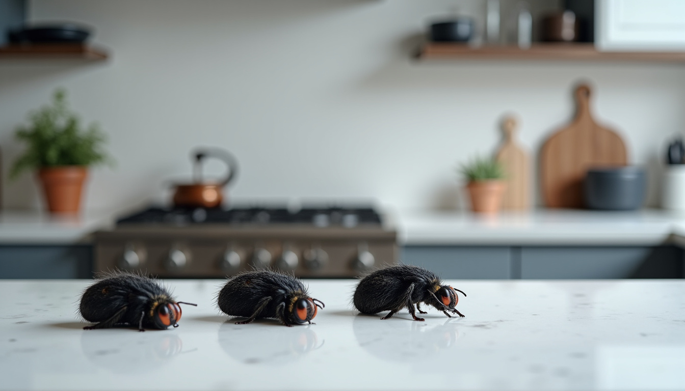 Fourmis noires en train de se déplacer sur une surface de cuisine près d