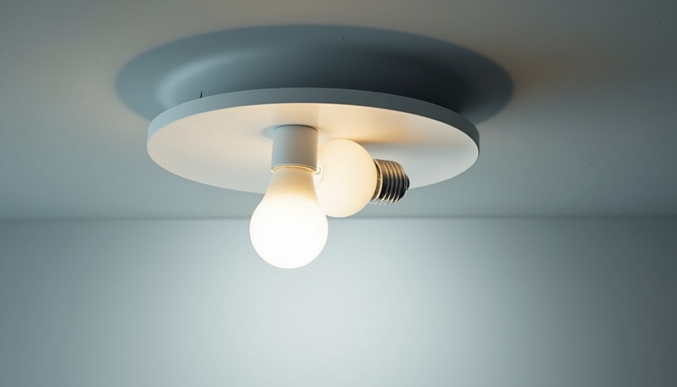 Installation d’une ampoule connectée dans un luminaire: une main visse l’ampoule E27 dans un support plafonnier
