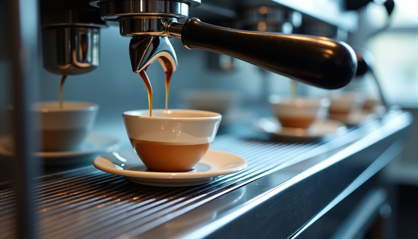 Machine à café en cours de détartrage avec un flacon de solution détartrante en cours d