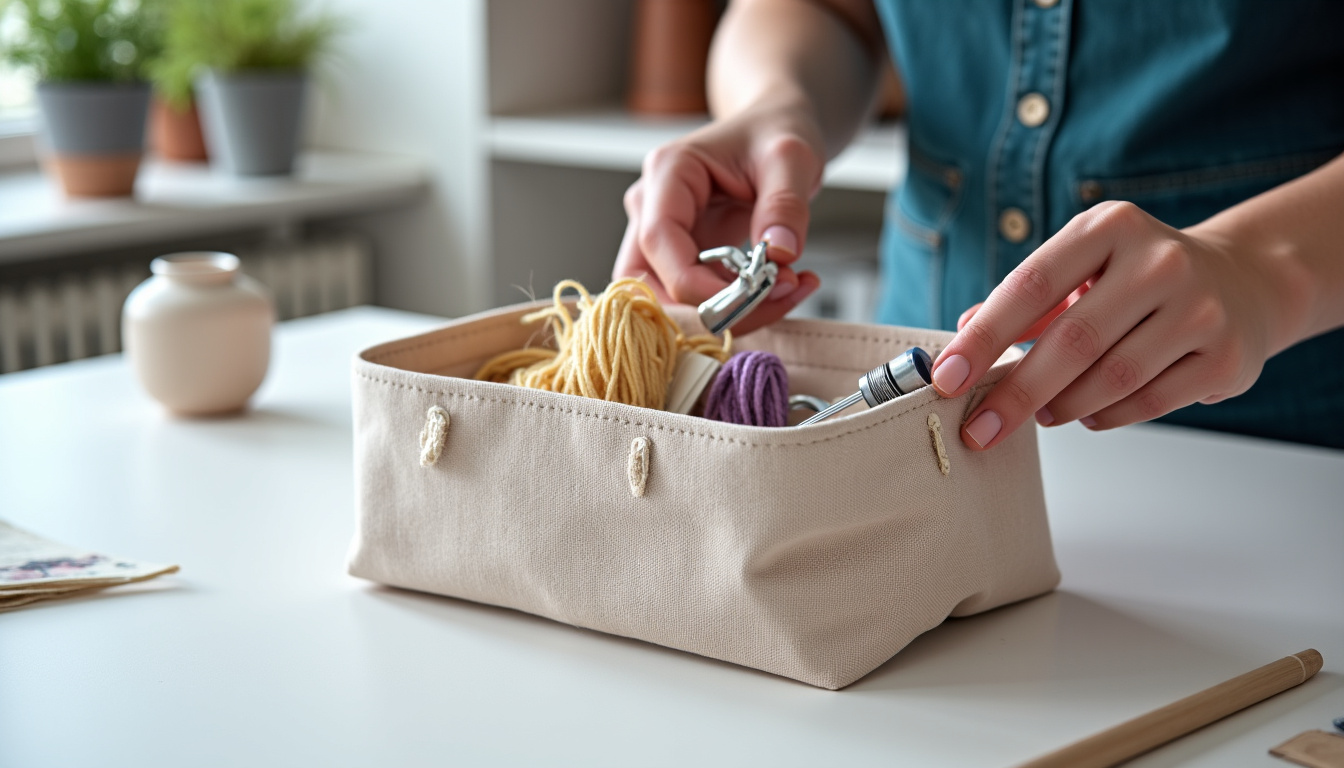 Panier à couture en tissu avec poignée, contenant des fils, ciseaux et accessoires, posé sur une table de travail