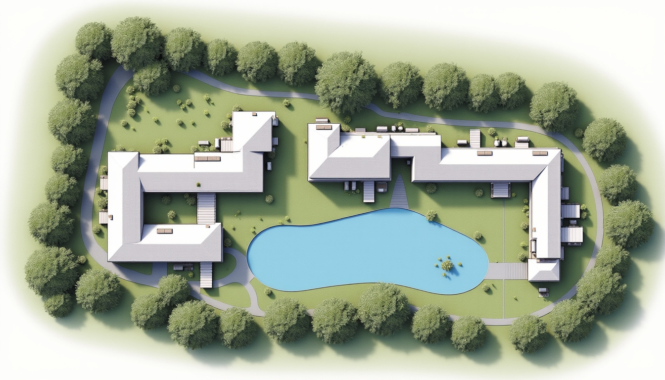 Plan schématique de la propriété de Douchy montrant la répartition des bâtiments, du lac, des piscines et du cimetière privé