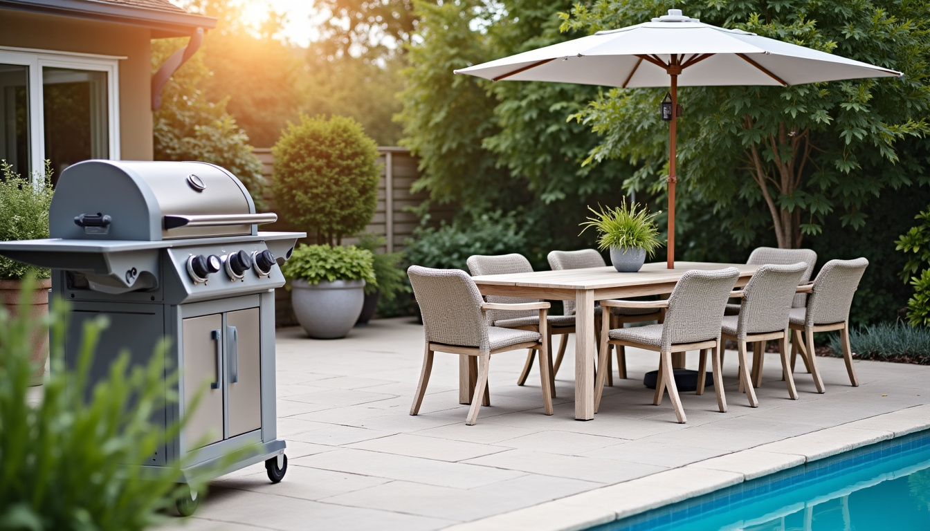 Présentation de produits de jardin en rayon: tondeuses, barbecues, mobilier de jardin et abris