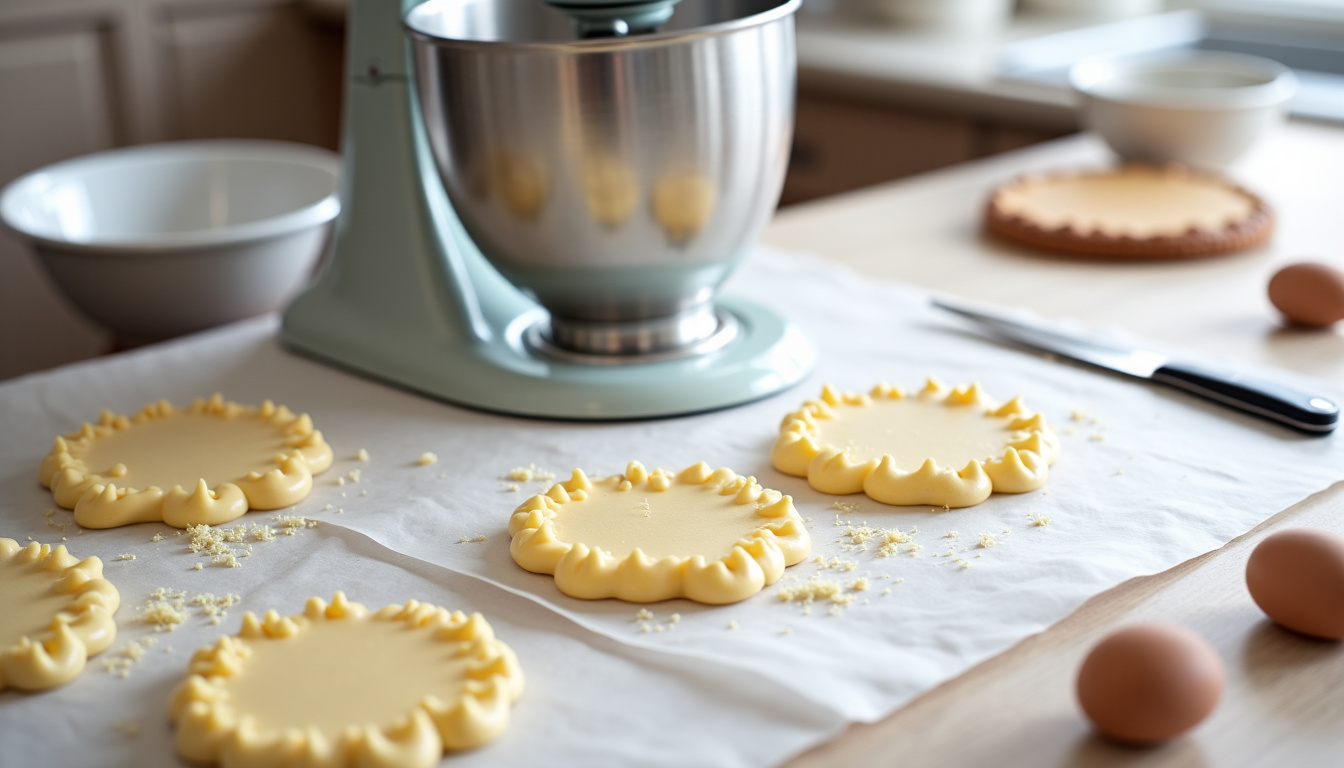 Robot pâtissier KitchenAid sur un plan de travail avec divers accessoires posés à côté