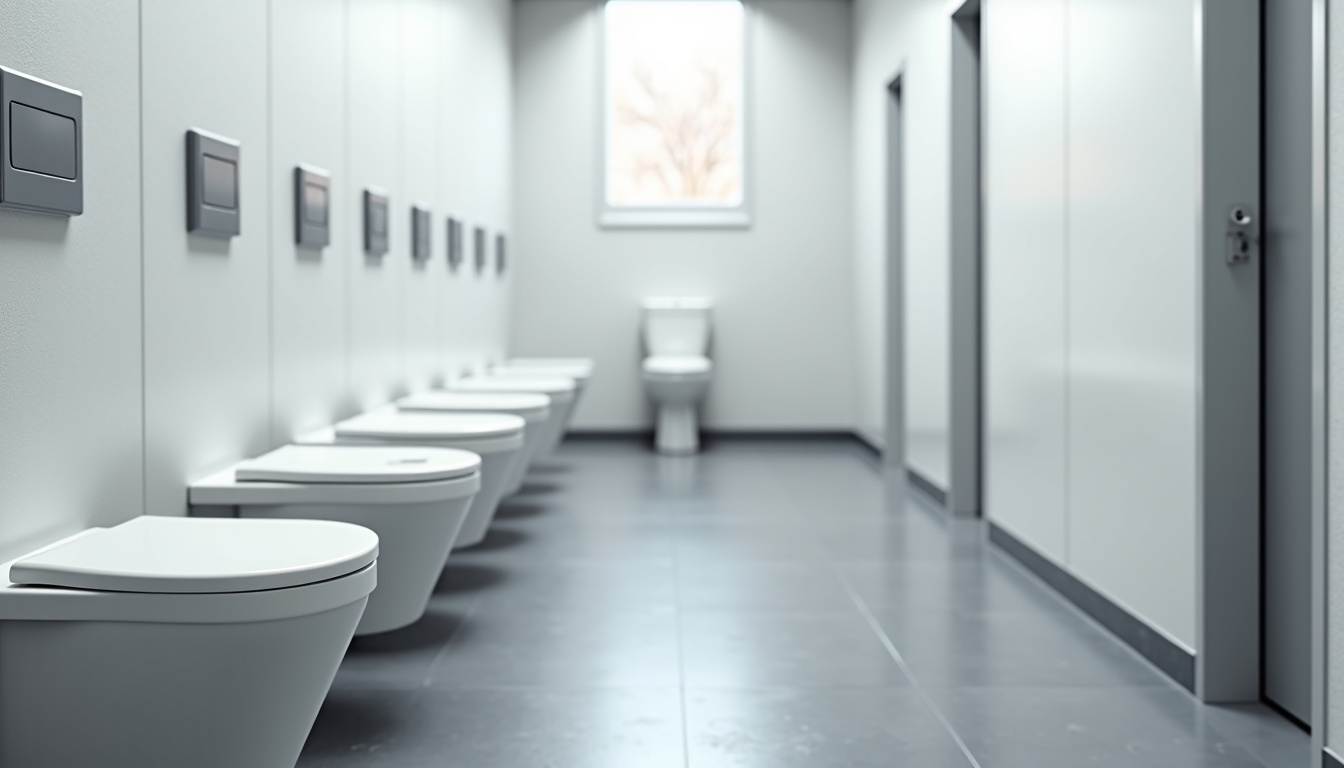 Toilettes suspendues installées selon les normes PMR avec espace de manœuvre et barres d