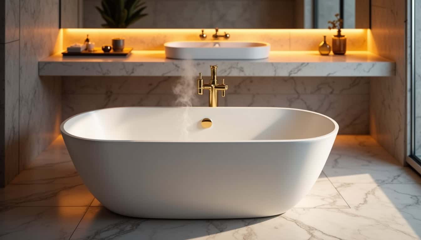 Baignoire intégrée dans une salle de bain décorée avec style et éclairage tamisé