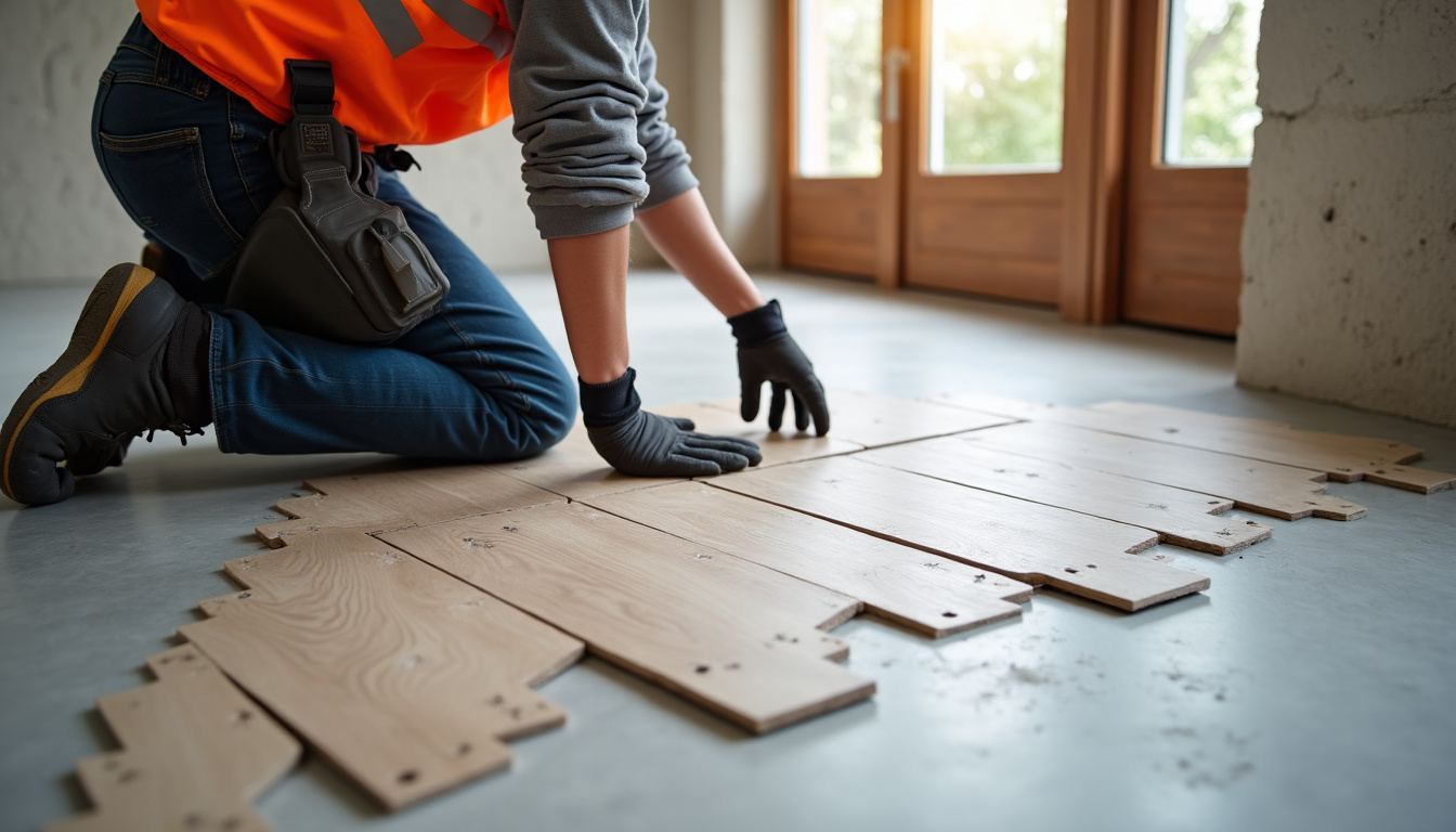 Carreleur professionnel en train de poser des lames de carrelage imitation parquet avec des croisillons pour assurer des joints réguliers
