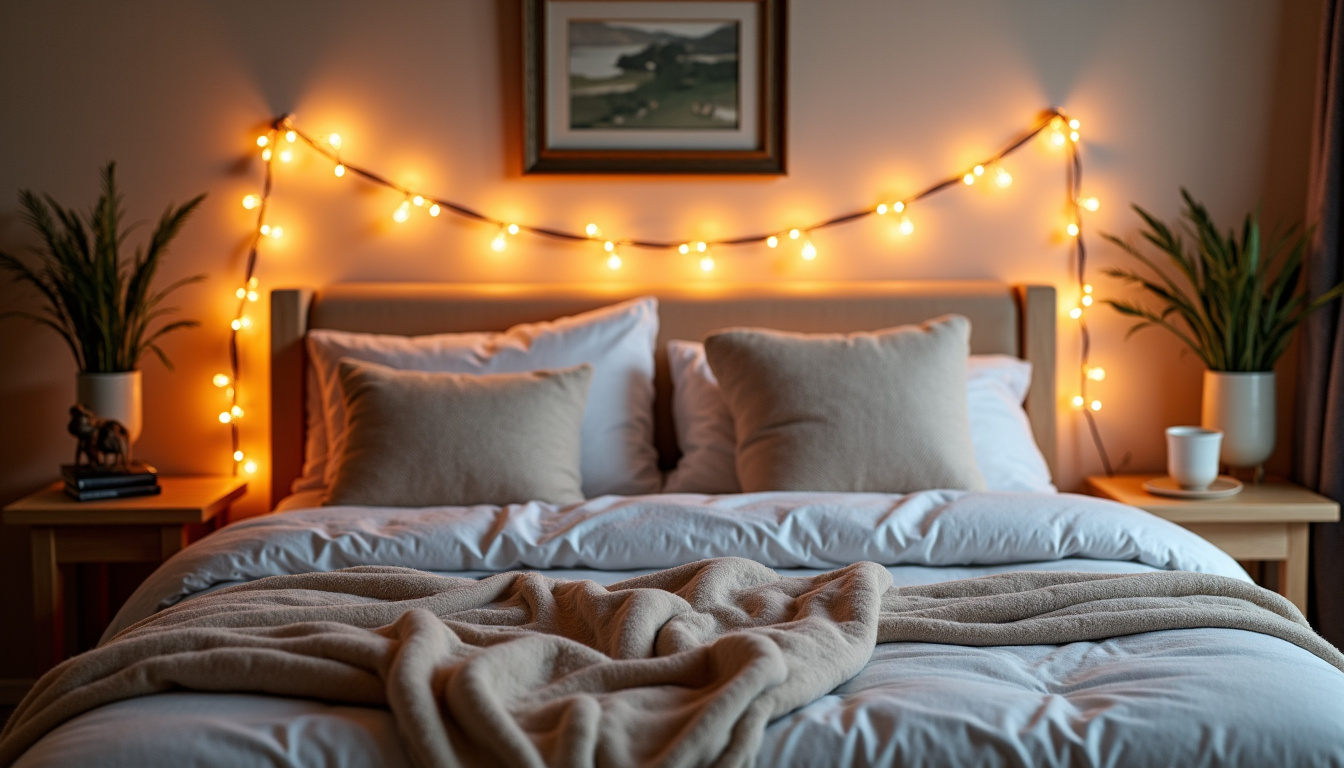 Chambre à coucher avec literie en coton bio, coussins en velours, tapis moelleux et guirlande lumineuse au-dessus du lit