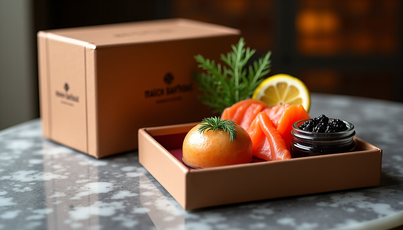 Coffret cadeau gastronomique de la Maison Barthouil composé de foie gras, saumon et caviar