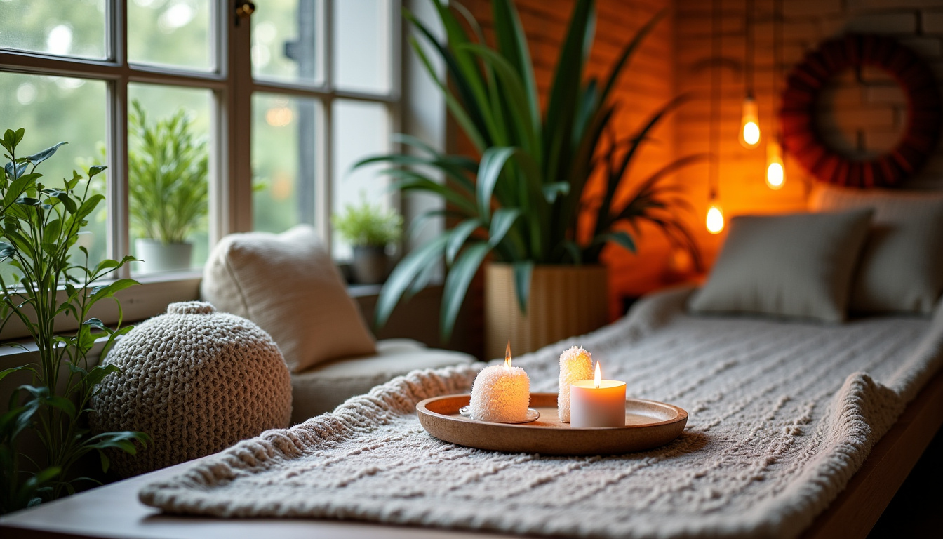 Exemple de pièce surchargée avec trop de coussins, de plaids et de luminaires, rendant l