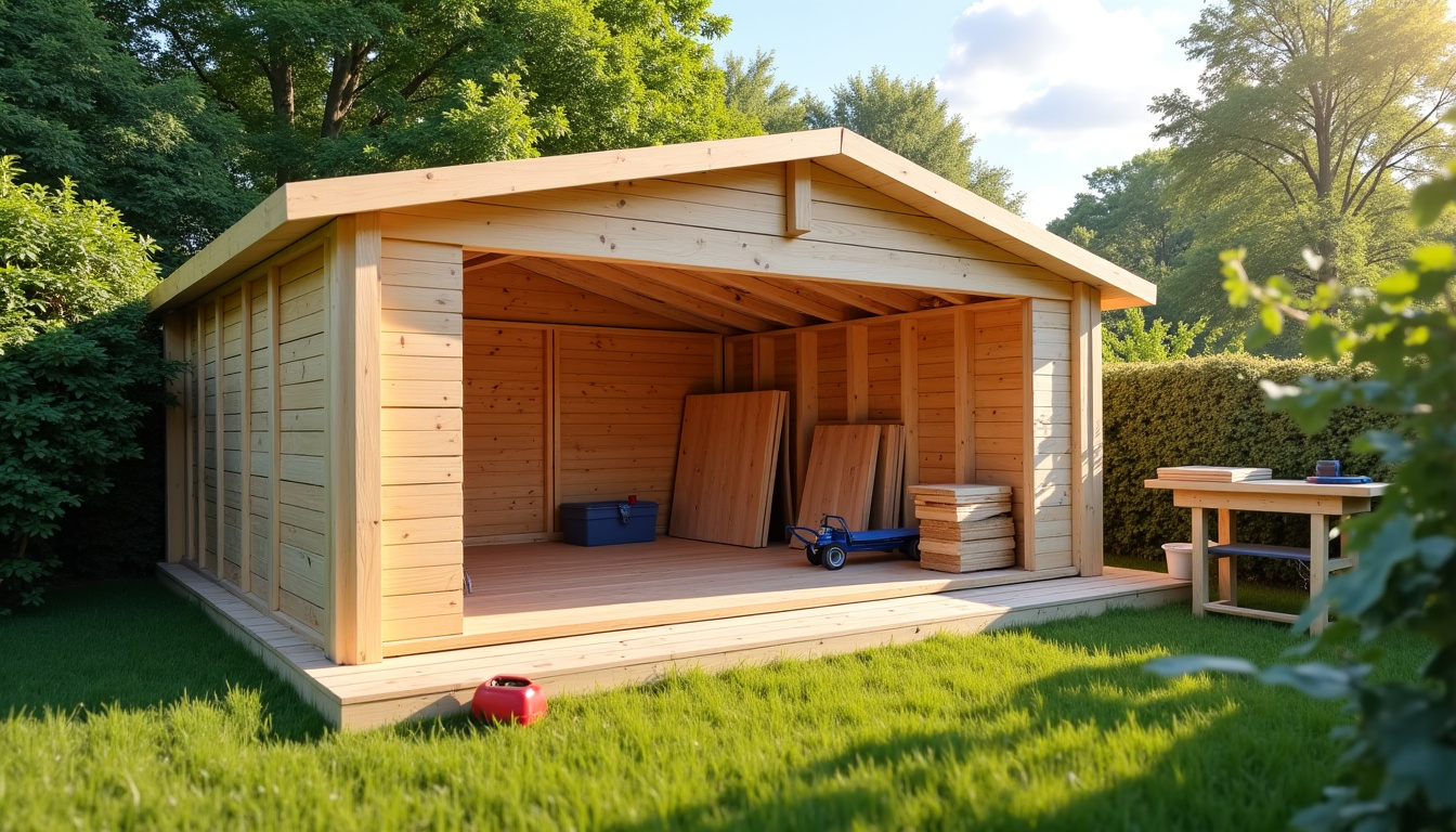 Garage en kit bois en cours de montage, avec des panneaux d