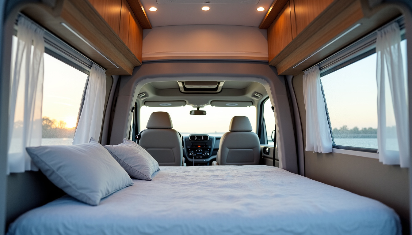 Intérieur d’un camping-car avec un lit pavillon déployé, montrant la configuration au-dessus du salon