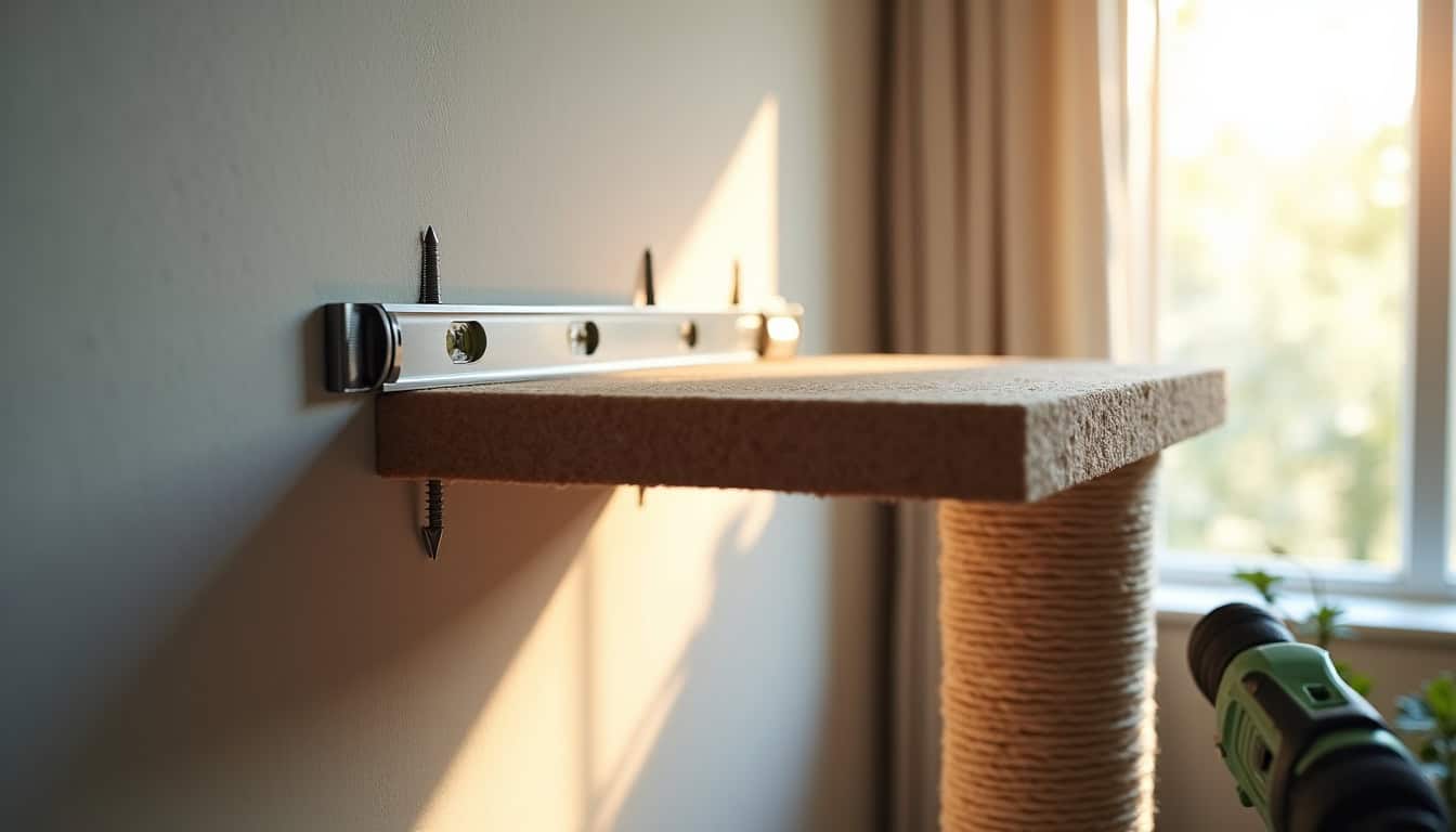 Mise en place des fixations murales pour un arbre chat, avec outils et chevilles adaptées au mur