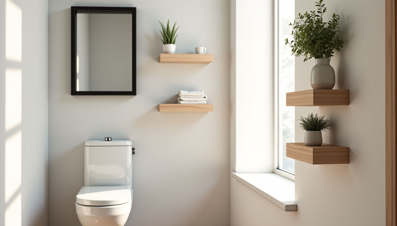 Petites toilettes avec rangements muraux, miroir et étagères pour optimiser l