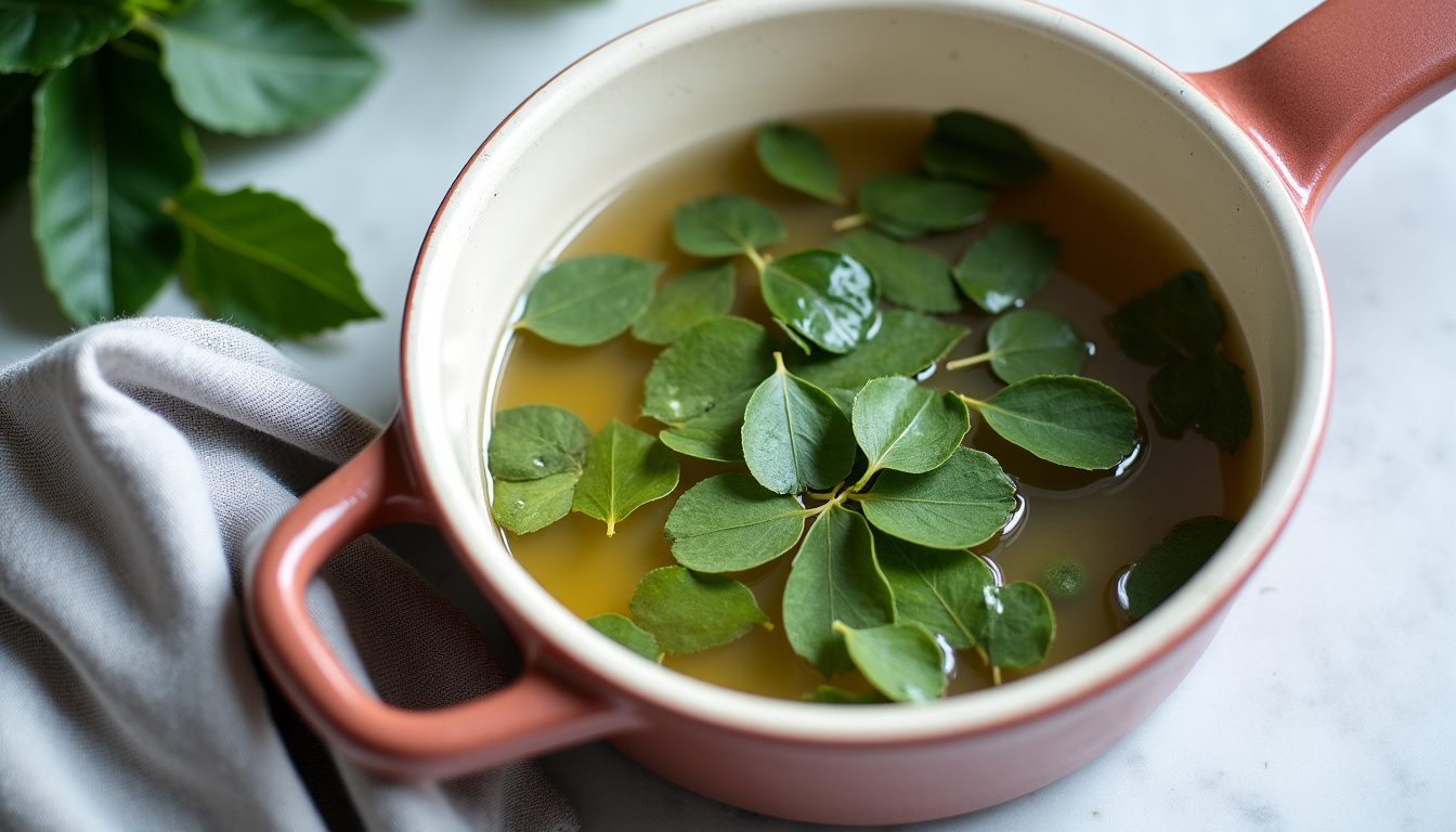 Préparation d’une infusion de feuilles de laurier dans une casserole pour tremper un vêtement déteint
