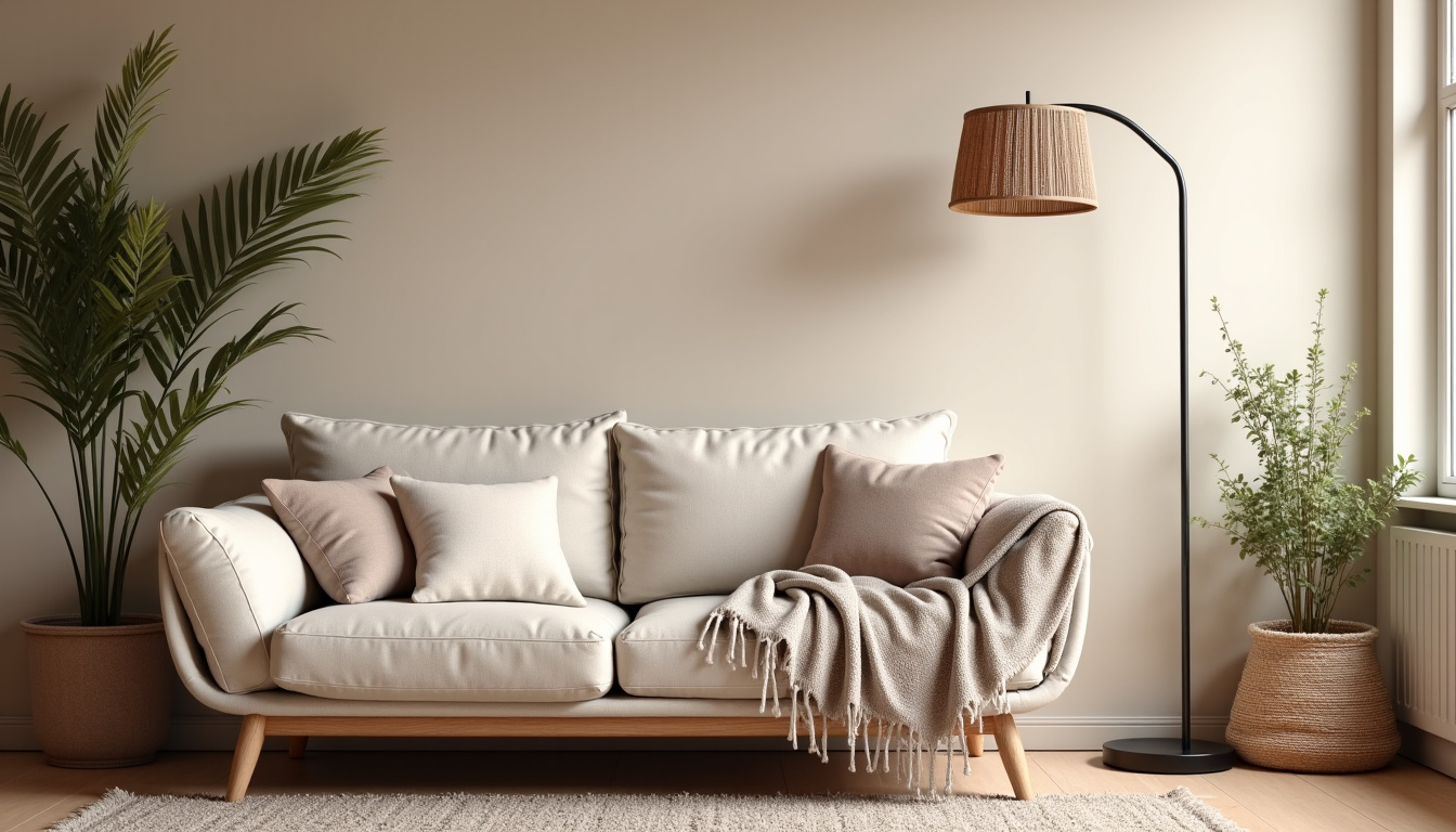 Salon avec palette de couleurs neutres et chaudes: beige, crème et taupe, avec un plaid jeté sur le canapé