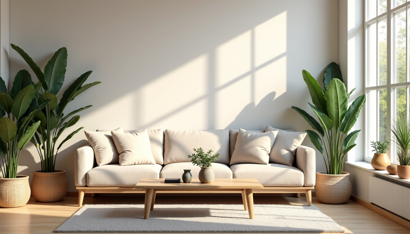 Salon décoré en tons neutres beige et gris avec mobilier en bois clair et plantes vertes