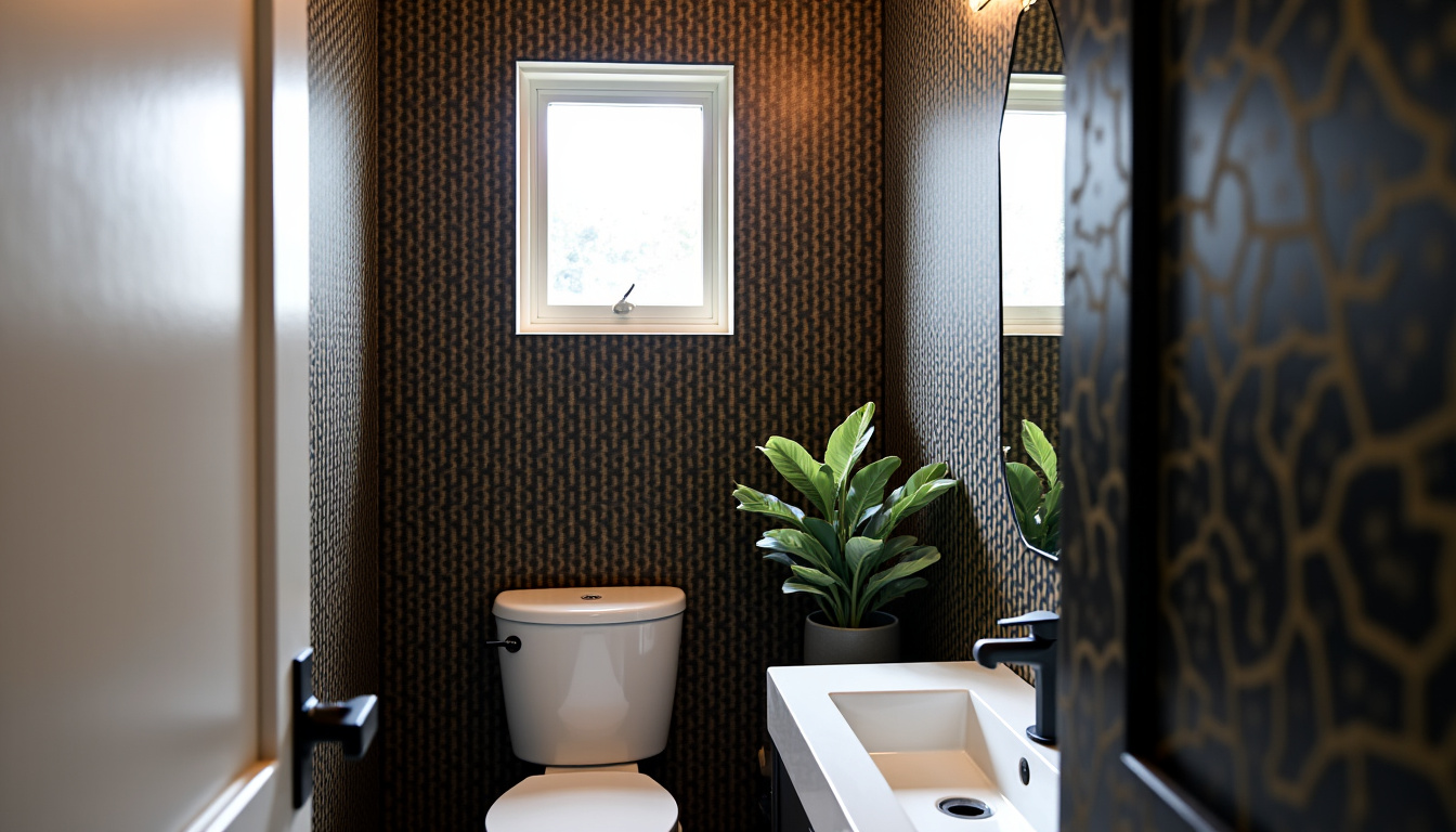 Toilettes décorées avec un papier peint graphique aux motifs géométriques modernes