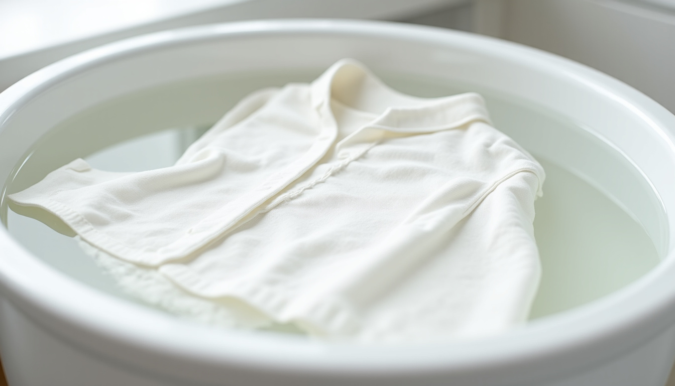 Trempage d’un vêtement blanc dans une bassine d’eau froide et de vinaigre blanc
