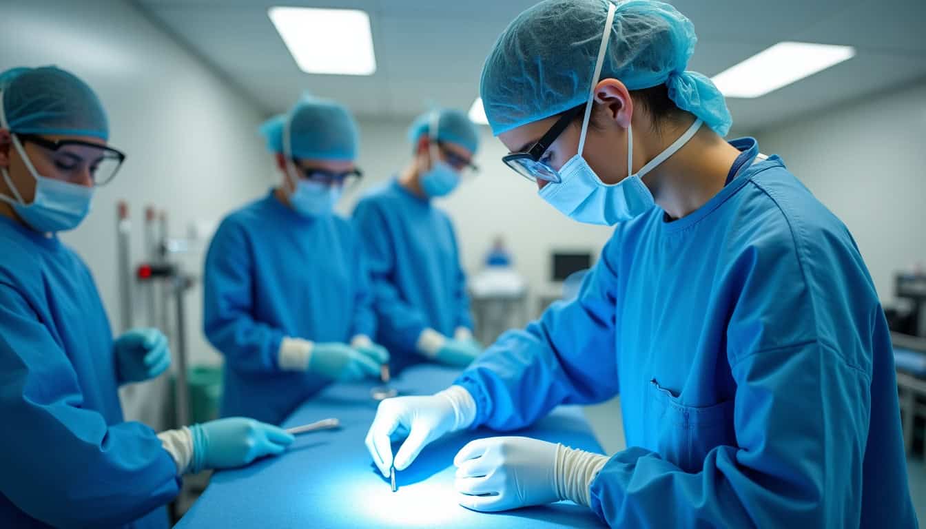 Agent de bionettoyage en action dans un bloc opératoire, portant des équipements de protection