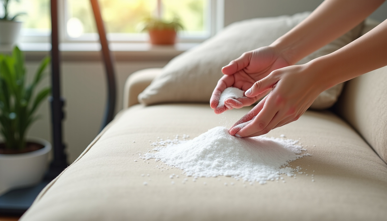 Application de bicarbonate de soude sur un canapé en tissu avant aspiration