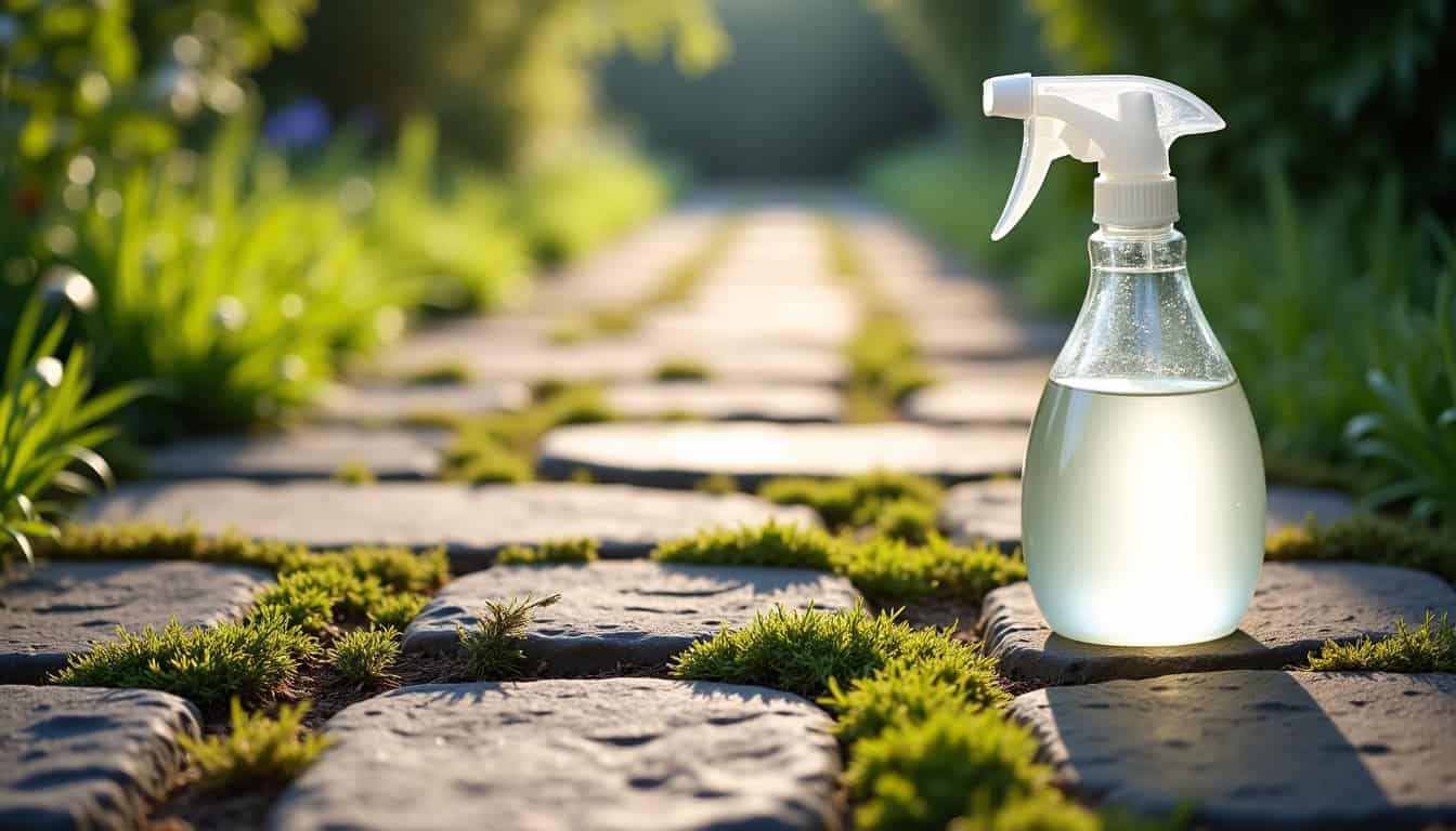 Application de vinaigre blanc sur une allée pavée pour éliminer les mauvaises herbes entre les joints