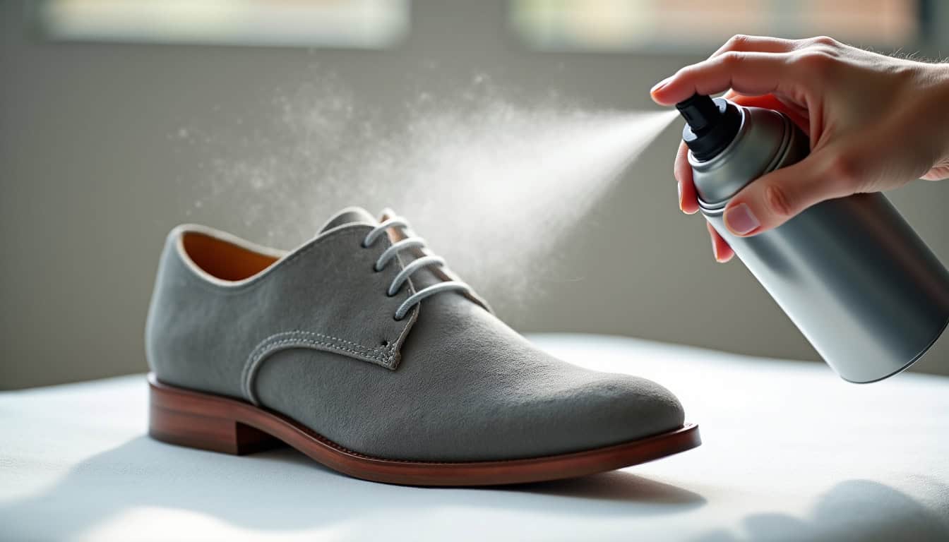 Application d’un spray imperméabilisant sur une chaussure en daim grise à 30 cm de distance