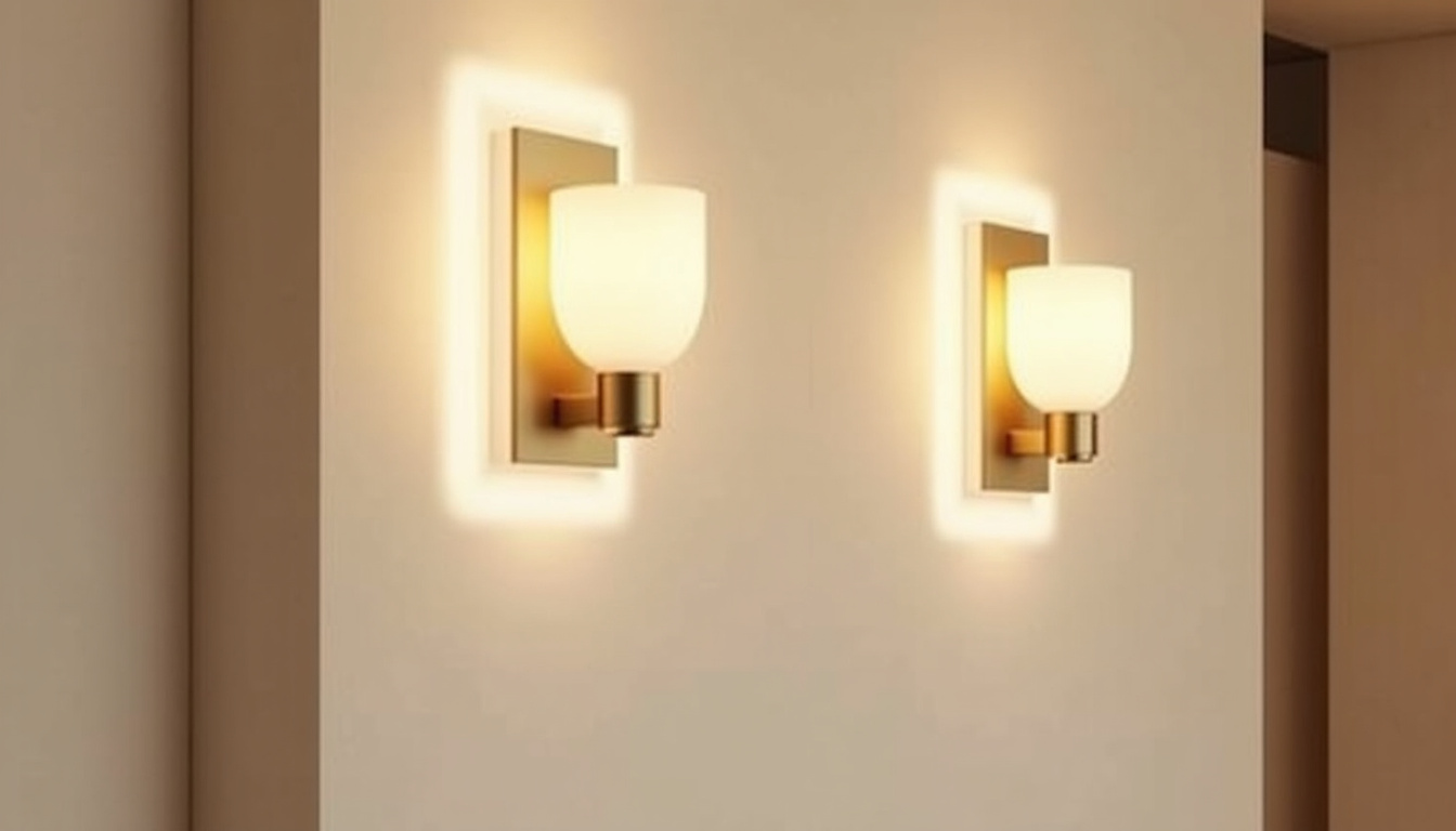 Appliques murales design installées dans un couloir étroit avec revêtement mural clair