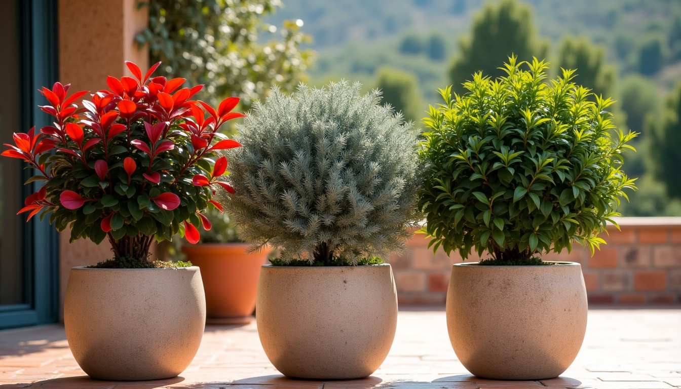 Arbustes persistants en pot sur une terrasse: Photinia, Eucalyptus et Oranger du Mexique dans de grands bacs
