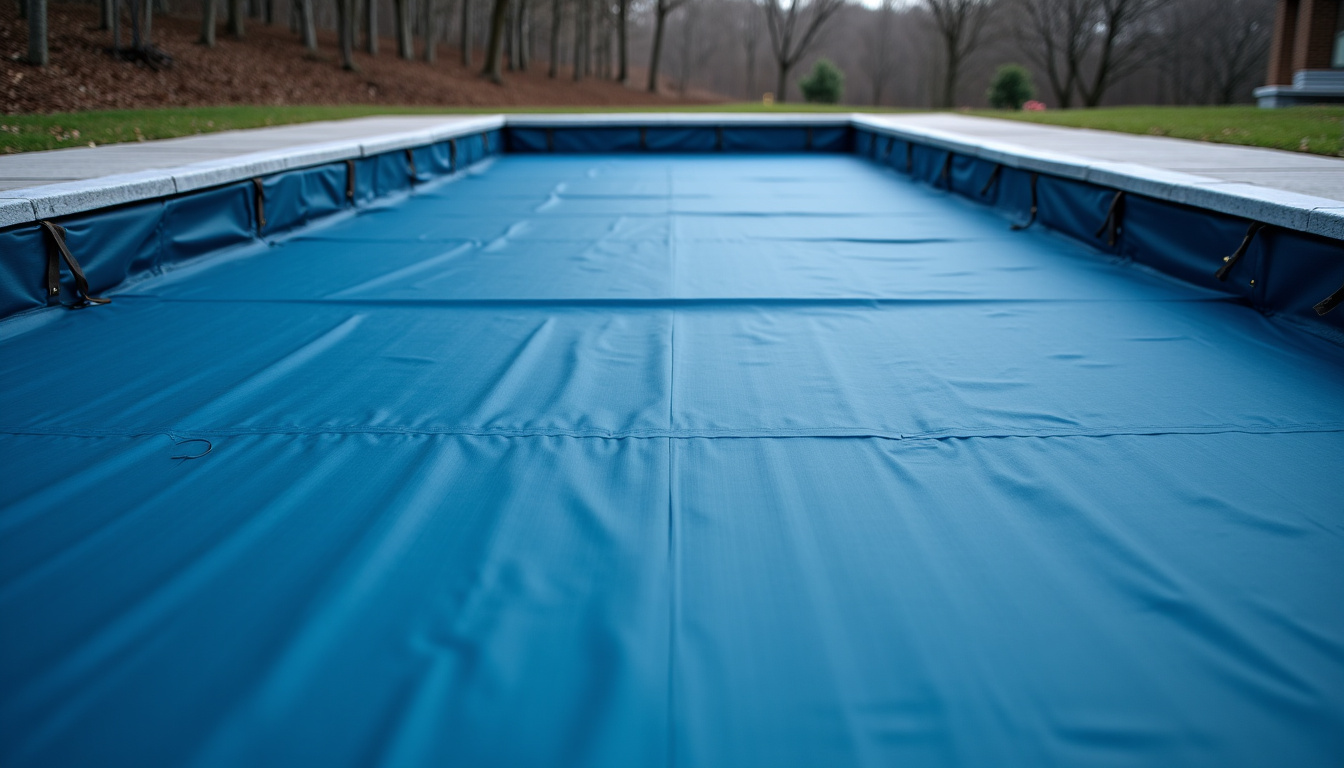 Bâche d’hivernage installée sur une piscine enterrée, bien tendue avec des sangles de fixation