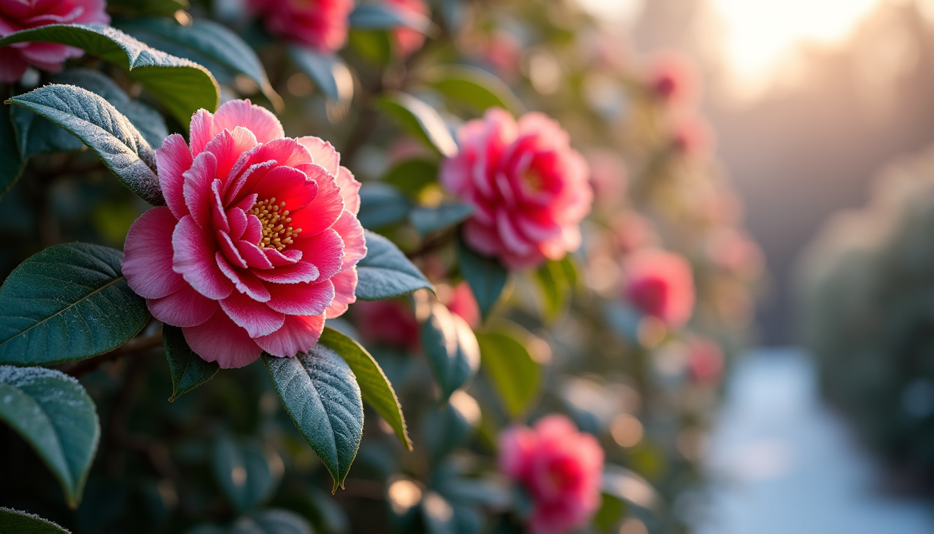 Camélia en pleine floraison hivernale avec des fleurs rouges et blanches