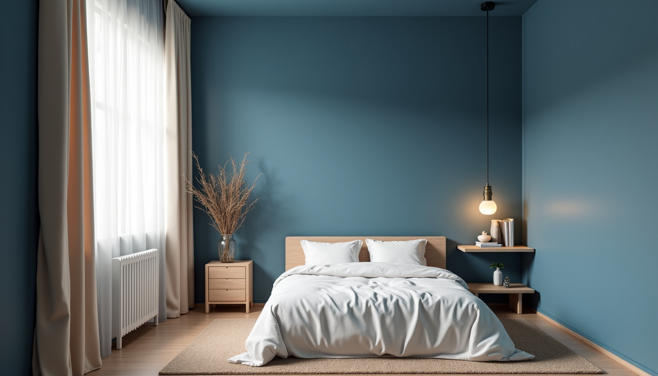 Chambre peinte en bleu profond avec linge de lit blanc et mobilier en bois clair